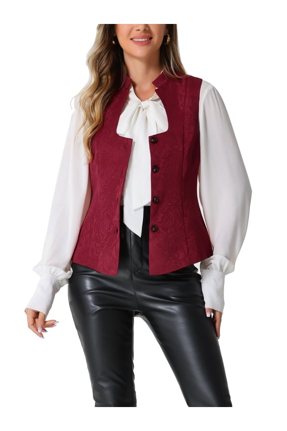 Jacquard Steampunk Vest for Women's U Neck Single Breasted Floral Gothic Waistcoat M Burgundy
