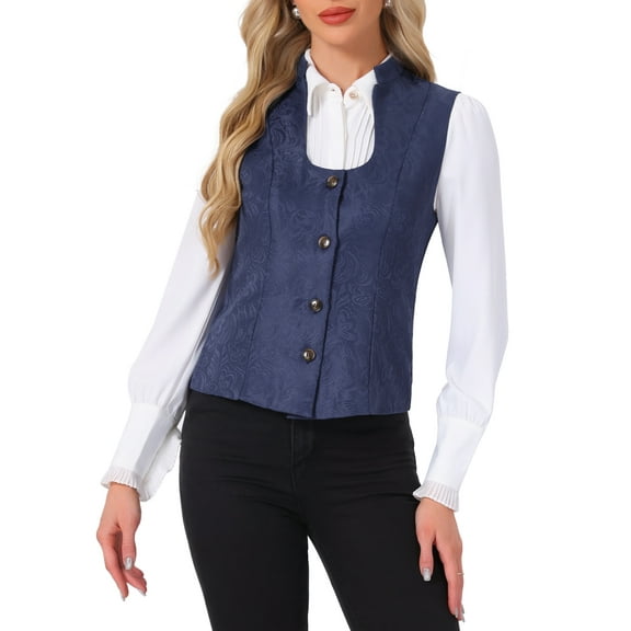 INSPIRE CHIC Jacquard Steampunk Vest for Women's U Neck Single Breasted Floral Gothic Waistcoat M Dark Blue