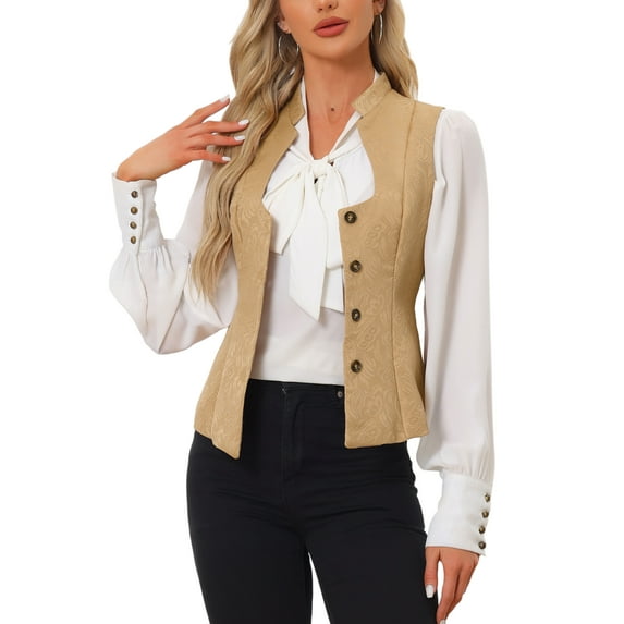 INSPIRE CHIC Jacquard Steampunk Vest for Women's U Neck Single Breasted Floral Gothic Waistcoat XL Khaki