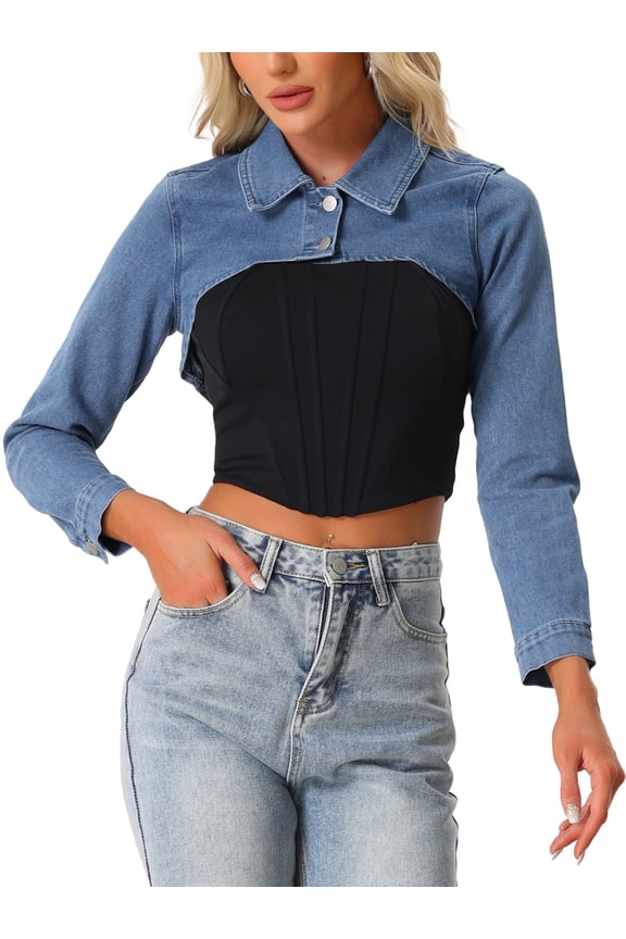 Women's Jacket Jean Flat Collar 2 Button Long Sleeve Cropped Denim Jackets XS Blue