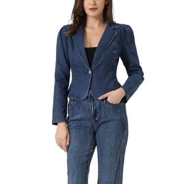 INSPIRE CHIC Jean Jacket for Women's Notched Lapel One Button Long Sleeve Denim Blazer