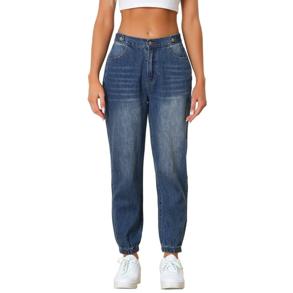 DARING DIVA Jean Jogger for Women's Casual High Waisted Elastic Waist Denim Pants M Blue