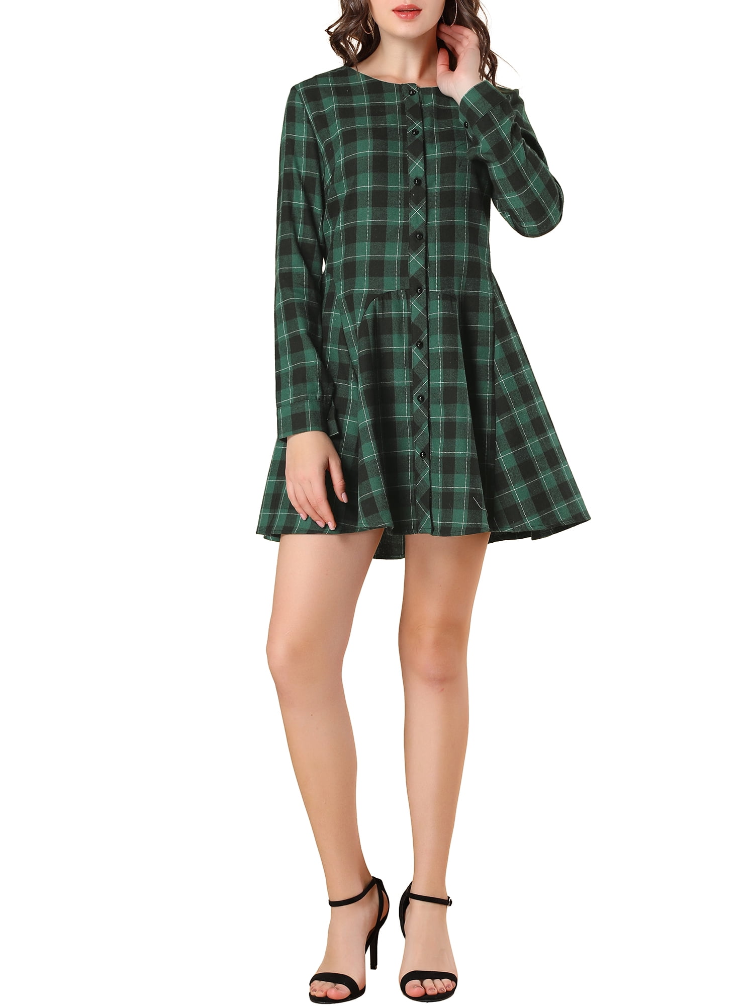 Allegra K Junior's Christmas Party Plaids Long Sleeves Belted Mini A Line Shirt Dress