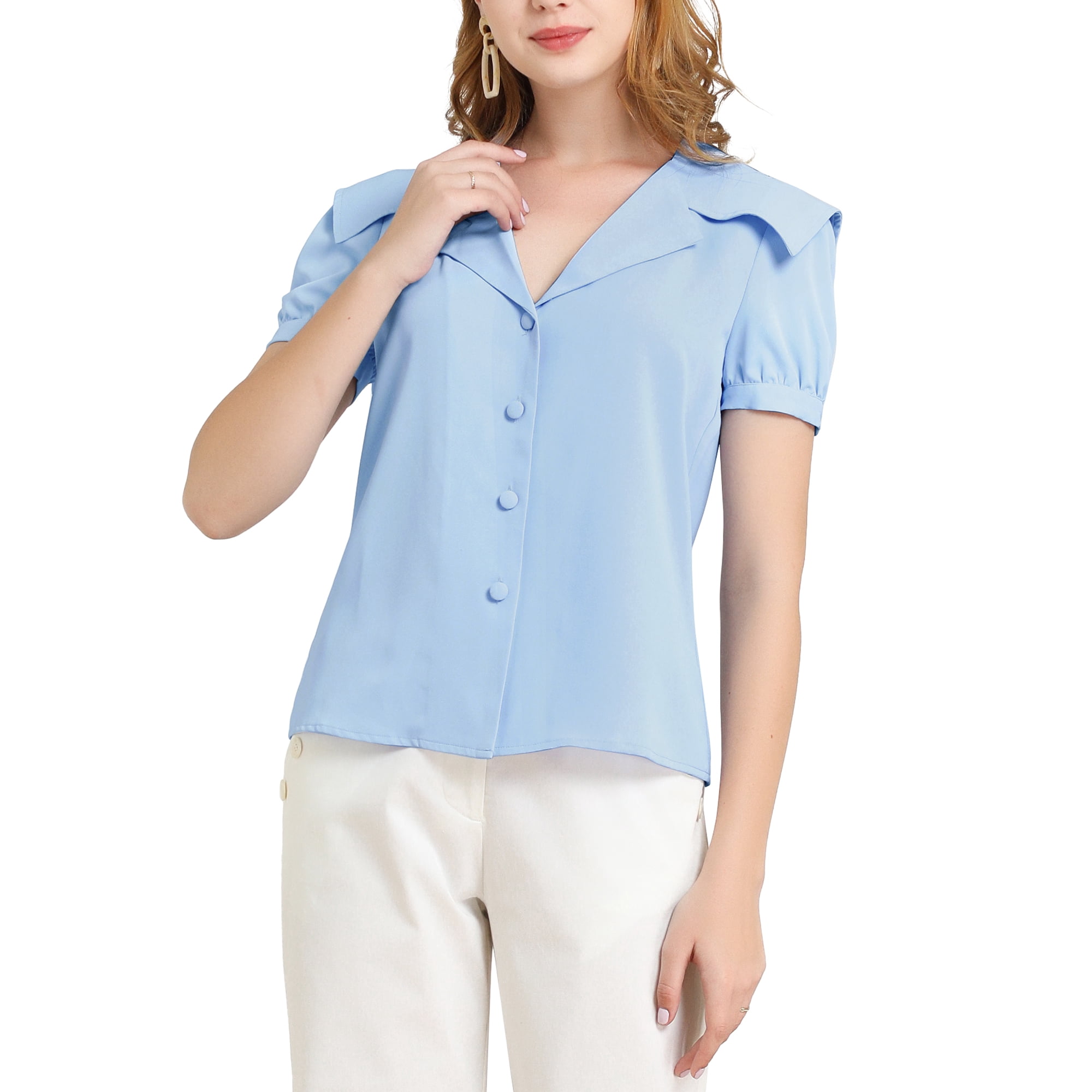 Allegra K Junior's Cute Button Front Puff Sleeves Sailor Collar Shirt Blouse