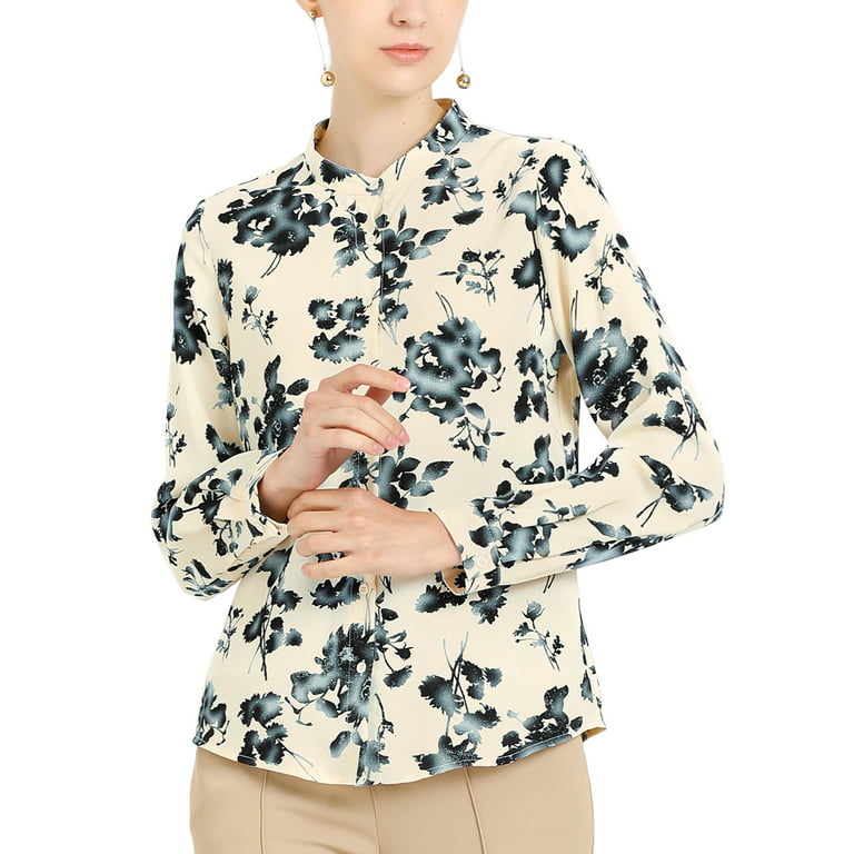 Allegra K Junior's Floral Button Down Long Sleeves Shirt Blouse