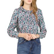 Allegra K Junior's Floral Long Sleeve Ruched Top Ruffle Neck Blouse