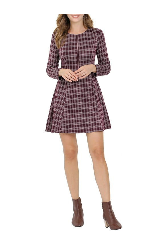 Junior's Plaid Zip Front Long Sleeve A-Line Mini Dress