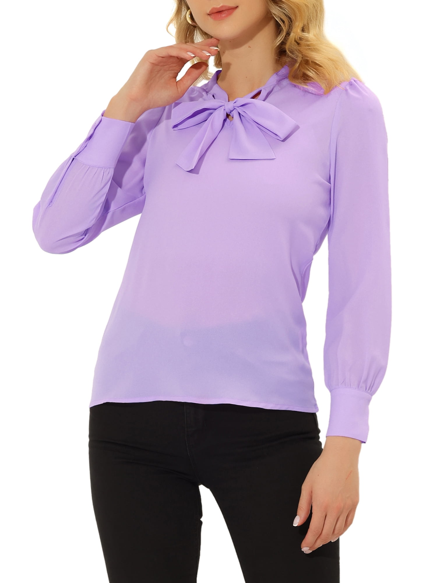 Allegra K Junior's Solid Bow Tie Neck Elegant Long Sleeve Blouse