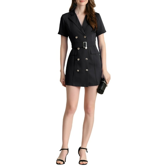 Allegra K Junior's Solid Double-Breasted Turn-Down Collar Casual Belted Dress