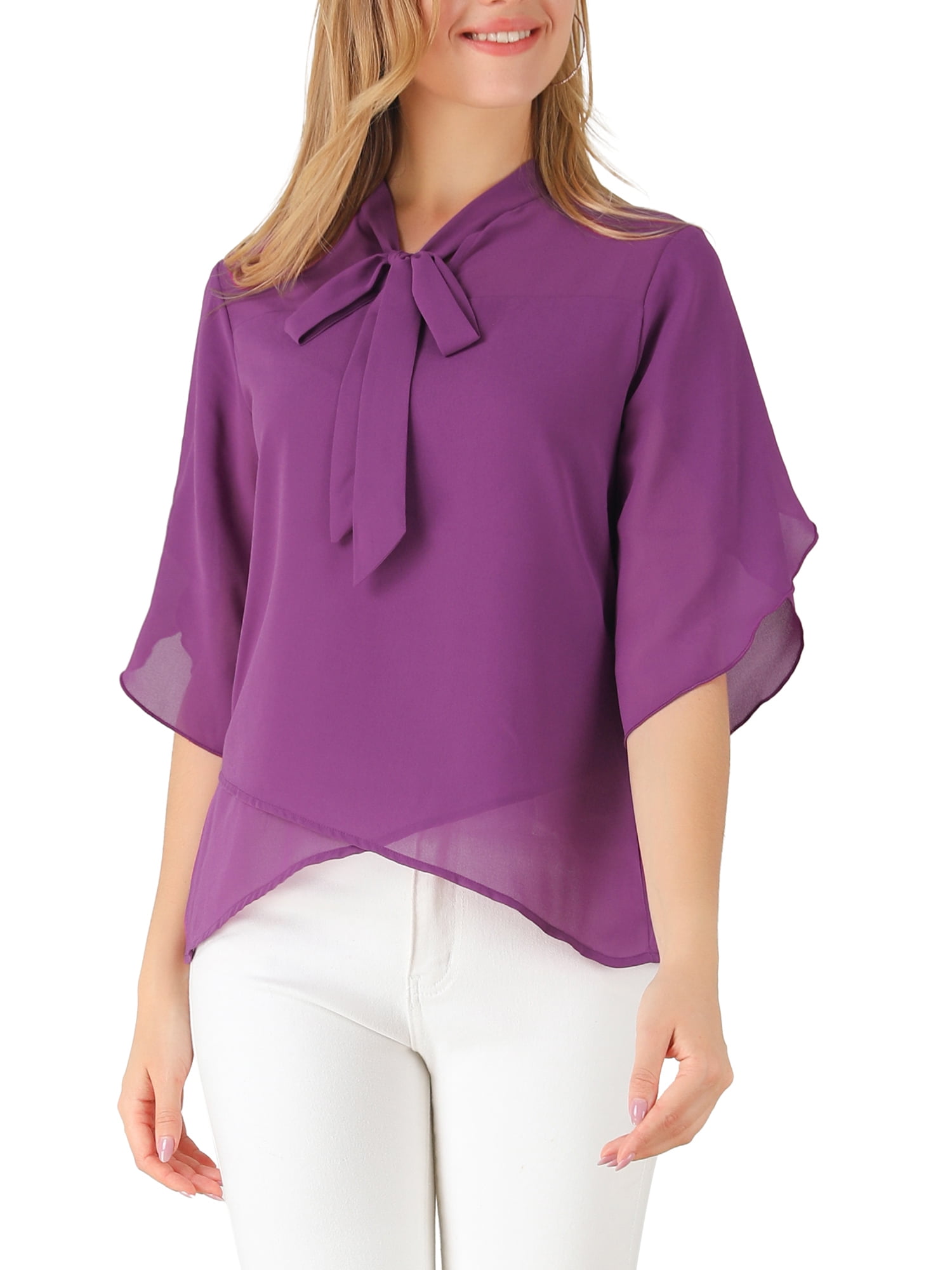 Allegra K Junior's Tie Neck Loose Asymmetrical Hem Chiffon Blouse