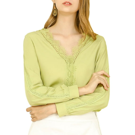 Allegra K Junior's V Neck Blouse Top Patchwork Crochet Lace Shirt