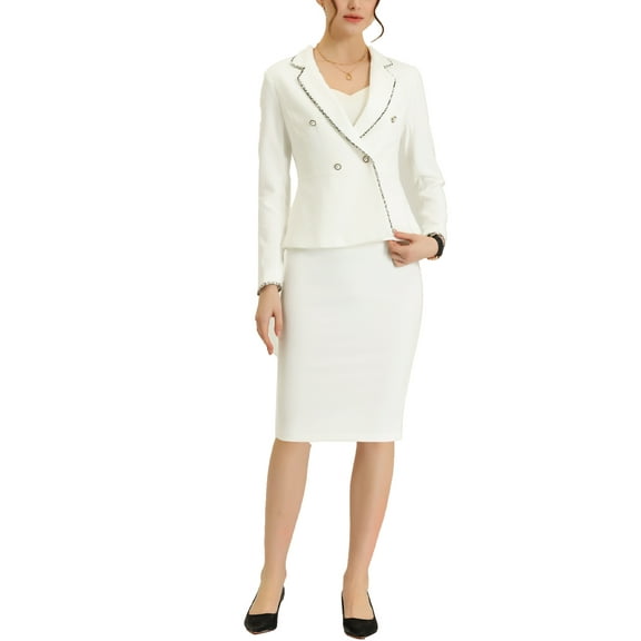 MODA NOVA Juniors 2 Pieces Casual Suit Tweed Trim Blazer Jacket and Skirt Set XS White