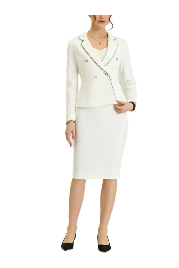 Allegra K Juniors 2 Pieces Casual Suit Tweed Trim Blazer Jacket and Skirt Set XS White