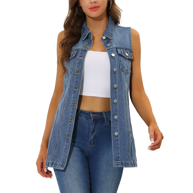 Allegra K Juniors Casual Button Down Sleeveless Pockets Mid Long Denim Vest