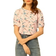 Allegra K Juniors Elegant Crew Neck Shirred Sleeve Keyhole Back Floral Blouse