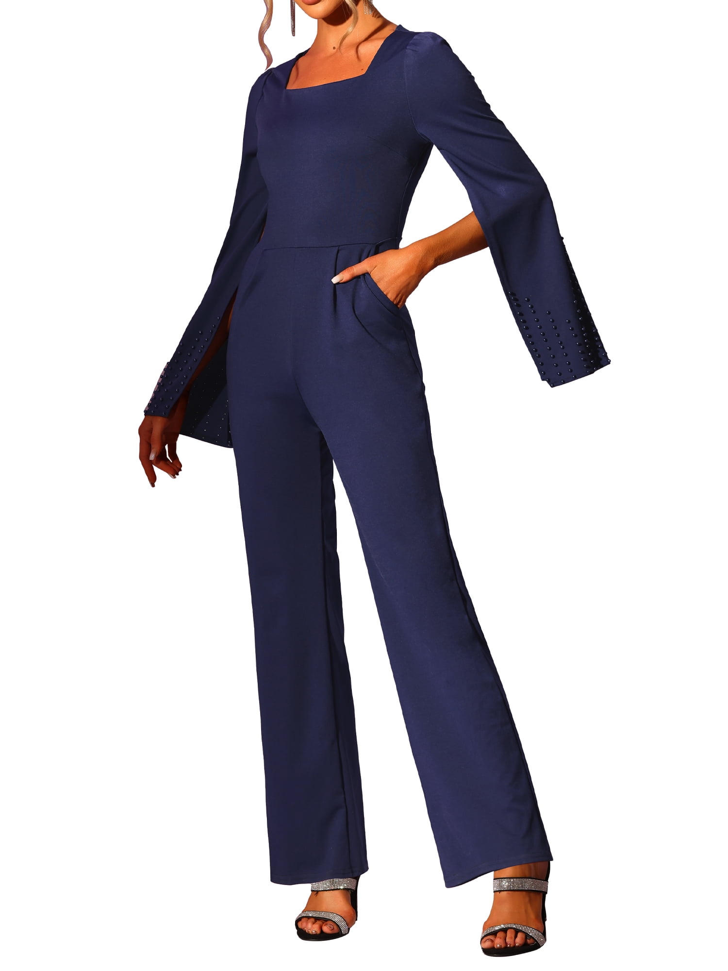 Allegra K Juniors High Waist Jumpsuit Square Neck Wide Leg Long Pant Romper Jumpsuits with