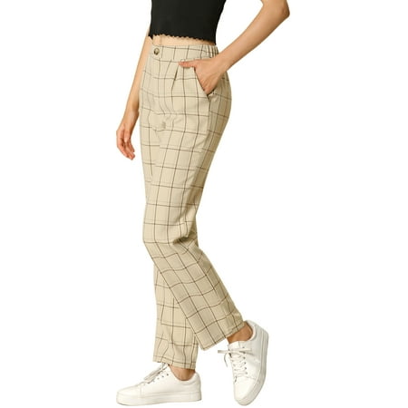 INSPIRE CHIC Women's Plaid Elastic Waist Button Zipper Straight Leg Long Pants XS Khaki