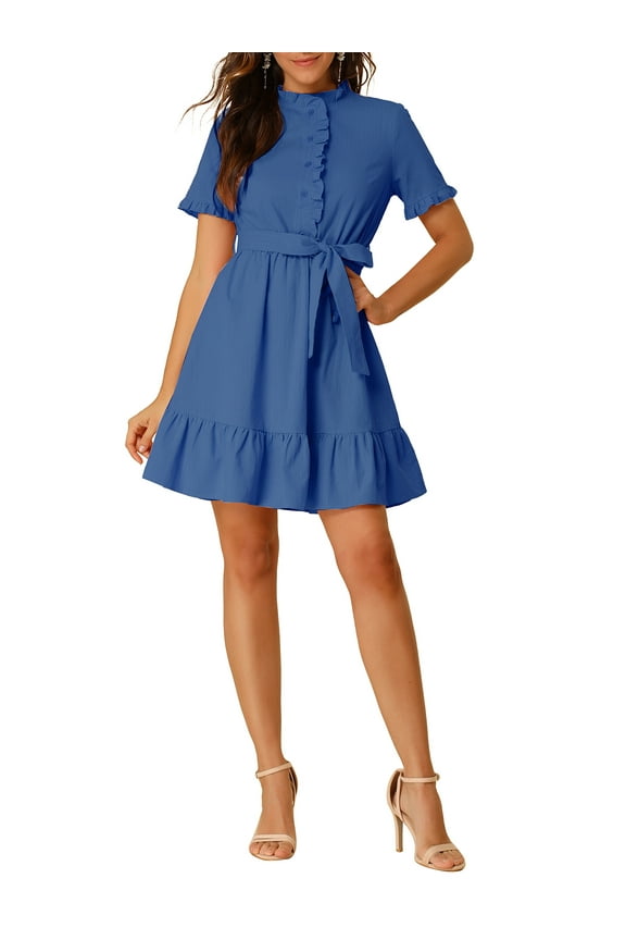 Juniors Ruffle Hem Fit and Flare Frill Trim Button Front Dresses