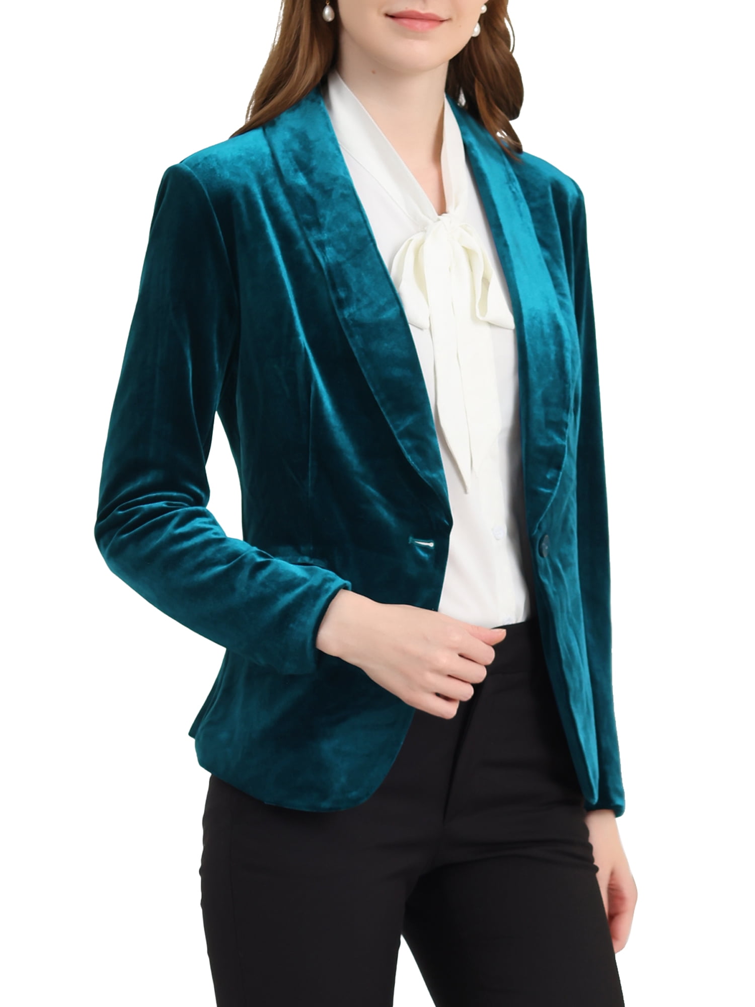 Allegra K Juniors Work Shawl Collar Long Sleeve One Button Velvet
