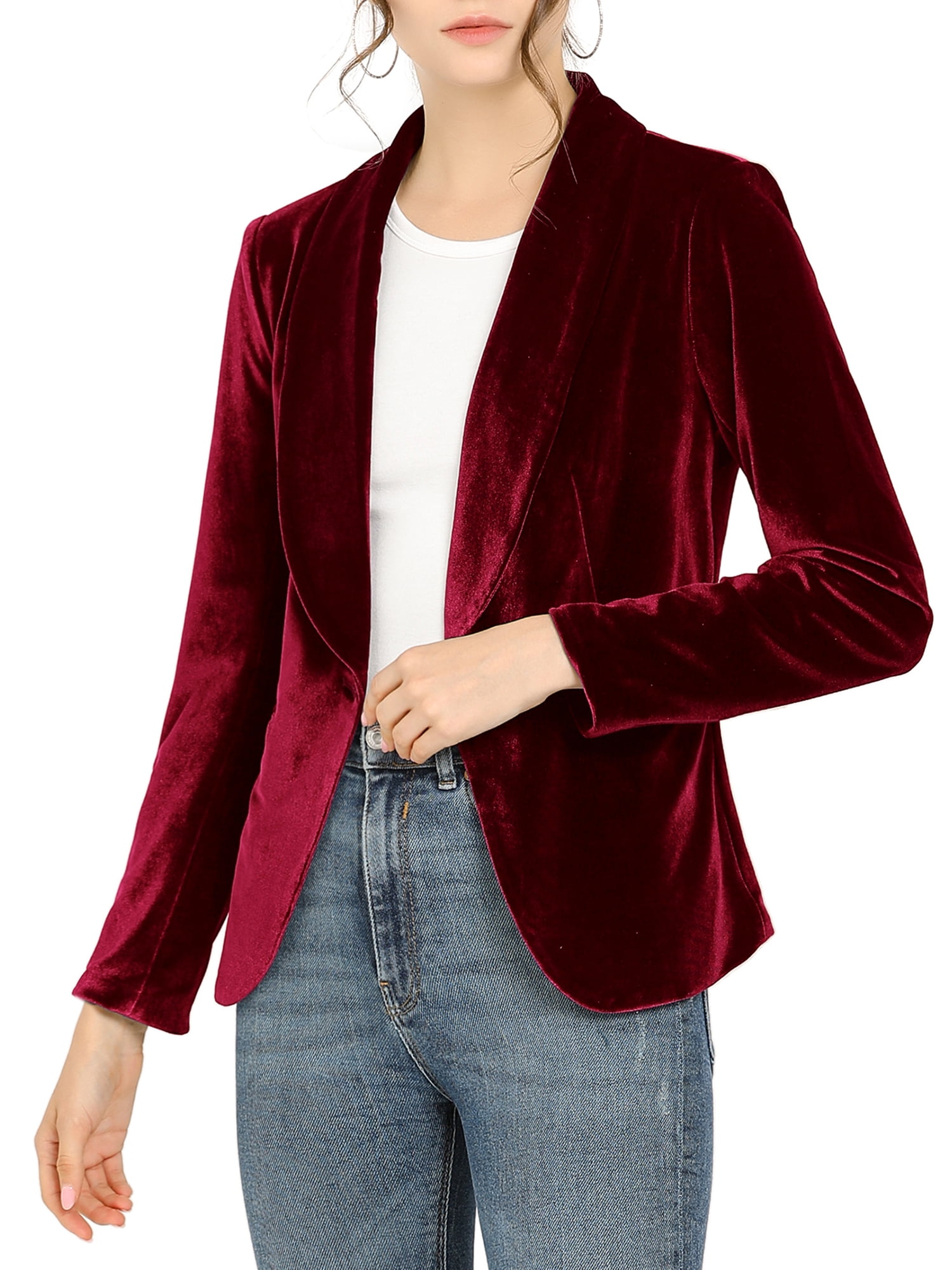 Allegra K Juniors Work Shawl Collar Long Sleeve One Button Velvet