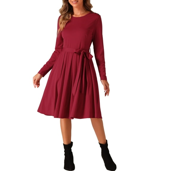 INSPIRE CHIC Knee Length Dress for Women Ruffle A Line Waist Strap Crew Neck Casual Dresses Long Sleeve Dress