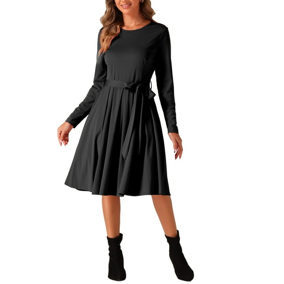 INSPIRE CHIC Knee Length Dress for Women Ruffle A Line Waist Strap Crew Neck Casual Dresses Long Sleeve Dress
