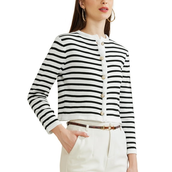 INSPIRE CHIC Knit Cardigans for Women Button Down Round Stripes Neck Striped Cardigan Sweaters S White Black