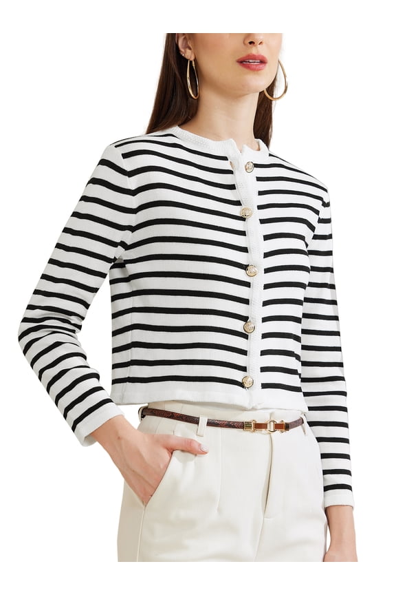 Knit Cardigans for Women Button Down Round Stripes Neck Striped Cardigan Sweaters S White Black