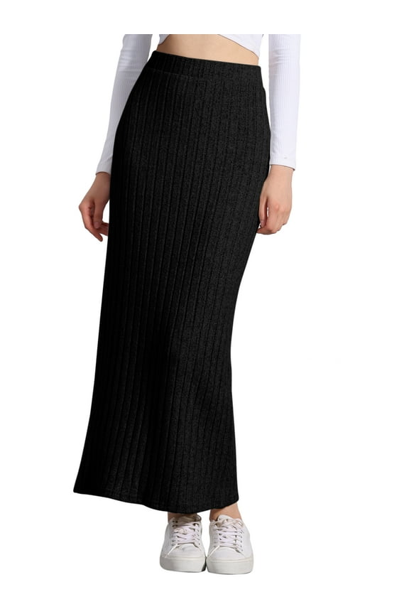 Knit Midi Skirt for Women's Slit Bodycon Hight Waist Skirt M Black