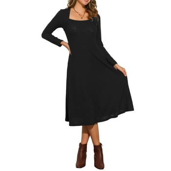 INSPIRE CHIC Women's Knit Sweater Dress Square Neck Flared Midi Button Decor Dresses with Pockets XS Black