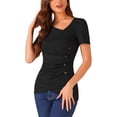 thumbnail image 1 of INSPIRE CHIC Knit Tops for Women's Short Sleeve Irregular Neck Ruched Side Blouse L Black, 1 of 4