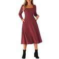 thumbnail image 1 of INSPIRE CHIC Women's Knit Sweater Dress Square Neck Button Decor Flared Midi Dresses with Pockets XS Burgundy, 1 of 6