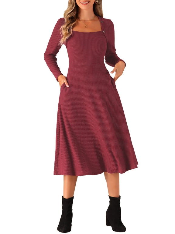 Women's Knit Sweater Dress Square Neck Button Decor Flared Midi Dresses with Pockets Burgundy XL