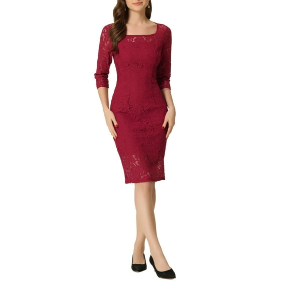INSPIRE CHIC Lace 3/4 Sleeve Dress for Women Square Neck Midi Straight Tired XS Wine Red