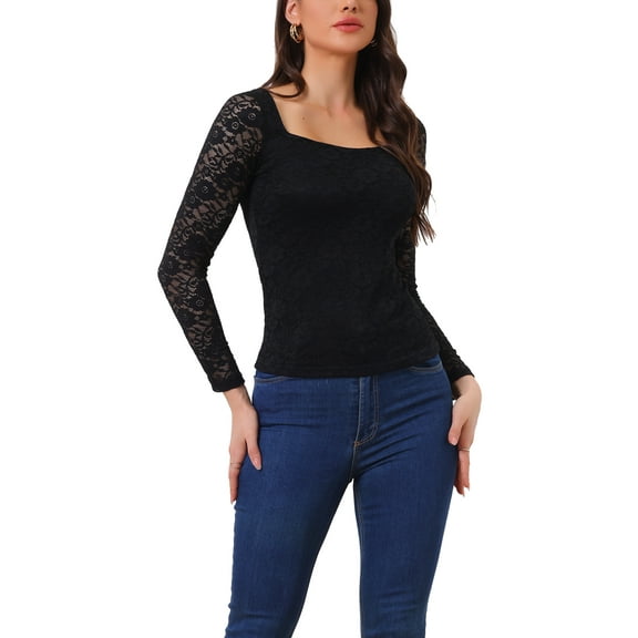 INSPIRE CHIC Women's Blouse Lace Fabric Square Neckline Long Sleeve Top M Black