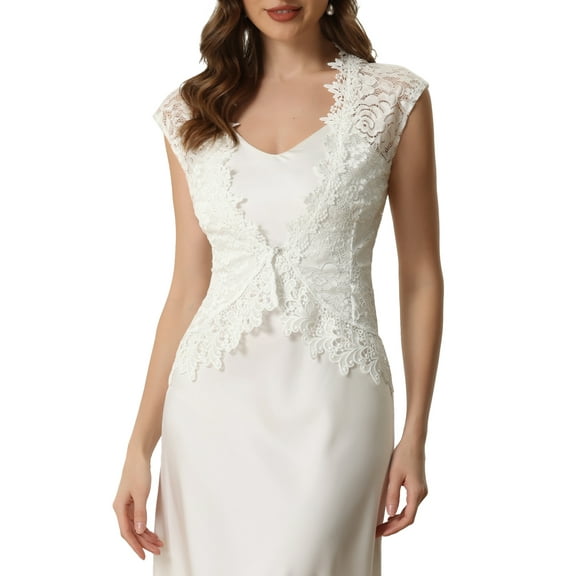 INSPIRE CHIC Lace Cap Sleeves Cardigan for Women's Floral Evening Wedding Elegant Shrug XS White