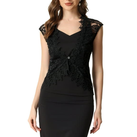 INSPIRE CHIC Lace Cap Sleeves Cardigan for Women's Floral Evening Wedding Elegant Shrug M Black
