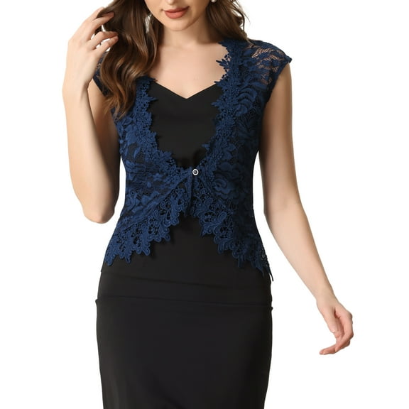 INSPIRE CHIC Lace Cap Sleeves Cardigan for Women's Floral Evening Wedding Elegant Shrug L Dark Blue