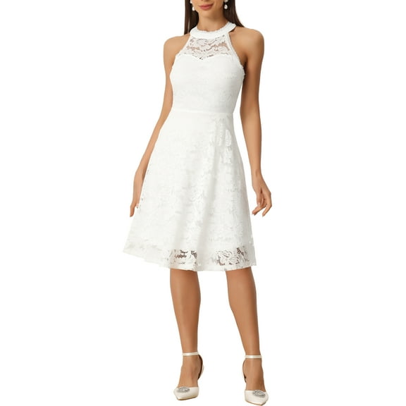 INSPIRE CHIC Women's Dress Floral Lace Halter Neck Sleeveless Elegant Cocktail A-Line Dress XS White