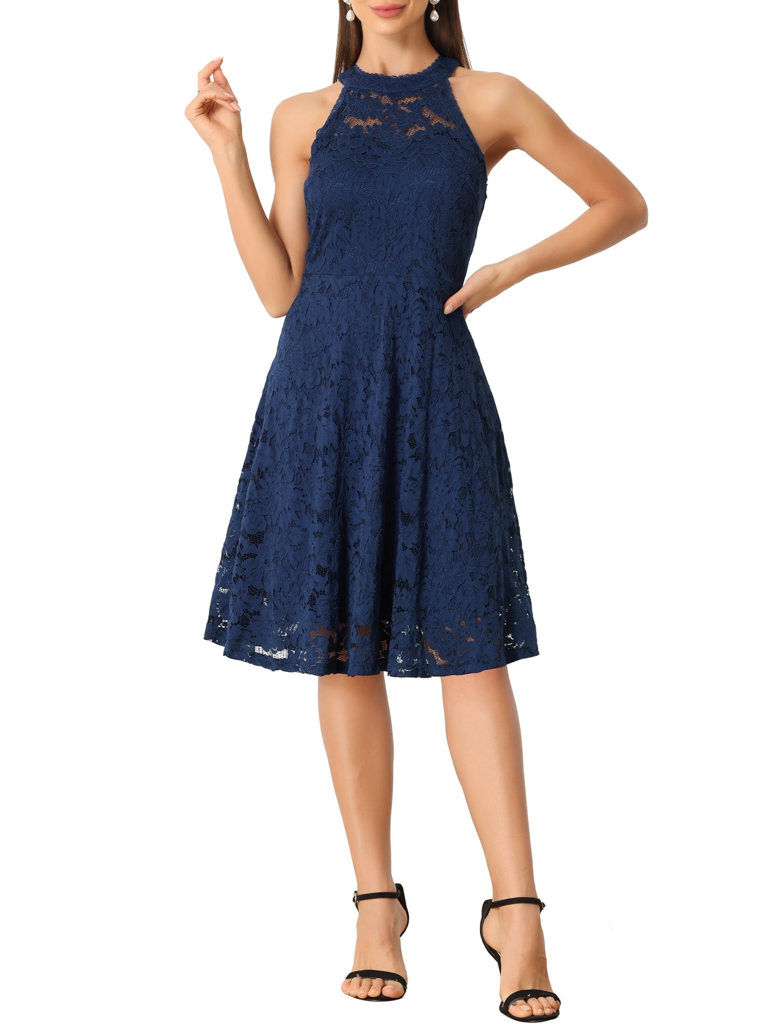INSPIRE CHIC Women's Dress Floral Lace Halter Neck Sleeveless Elegant  Cocktail A-Line Dress S Dark Blue - Walmart.com