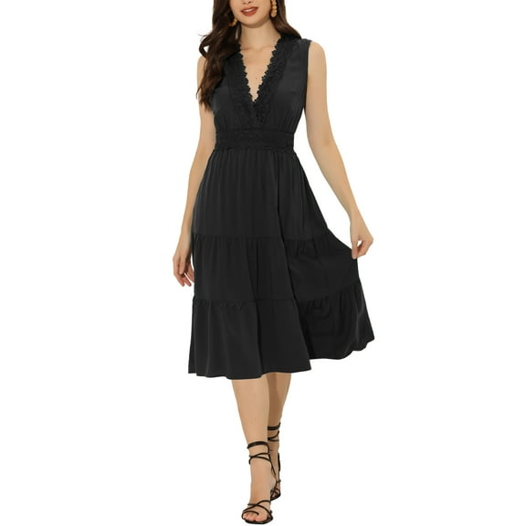 INSPIRE CHIC Lace Insert Sundress for Women’s Casual V Neck Sleeveless Tiered Midi Tank Dress