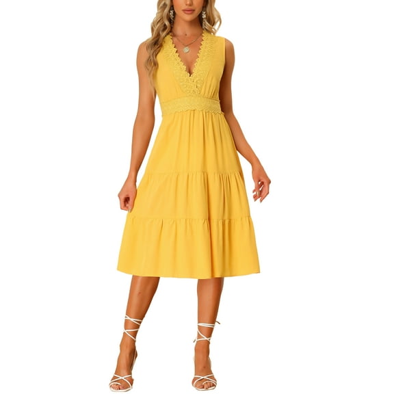 INSPIRE CHIC Lace Insert Sundress for Women’s Casual V Neck Sleeveless Tiered Midi Tank Dress