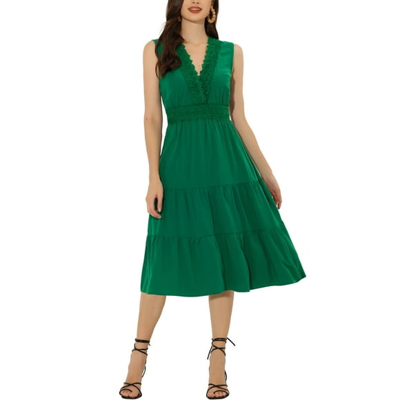 INSPIRE CHIC Lace Insert Sundress for Women’s Casual V Neck Sleeveless Tiered Midi Tank Dress