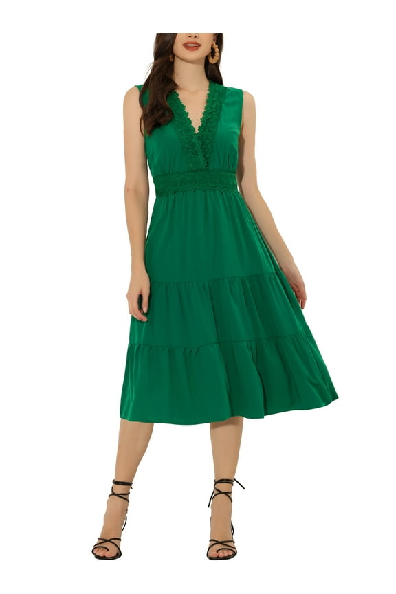 Lace Insert Sundress for Women’s Casual V Neck Sleeveless Tiered Midi Tank Dress