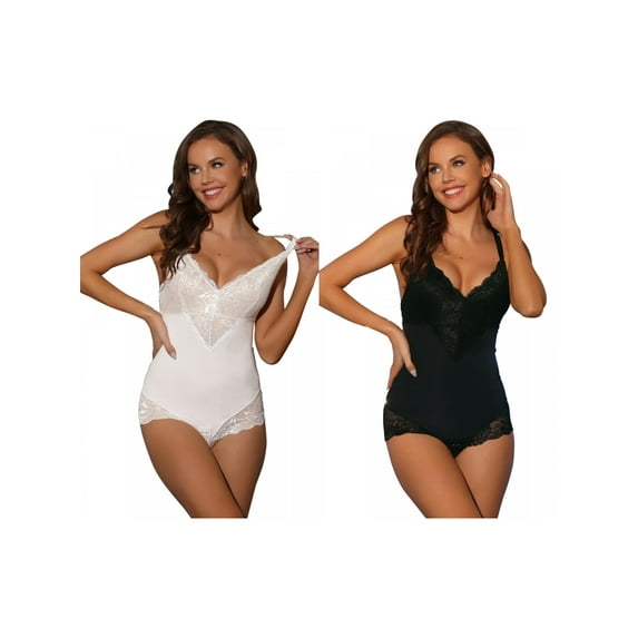 NOMADIC NOOK Lace Shapewear Bodysuit for Women's Adjustable Straps Tummy Control Backless V Neck 2 Packs