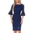thumbnail image 1 of INSPIRE CHIC Lace Sheath Dress for Women's Boat Neck Bell Sleeve Vintage Cocktail Dress M Dark Blue, 1 of 6