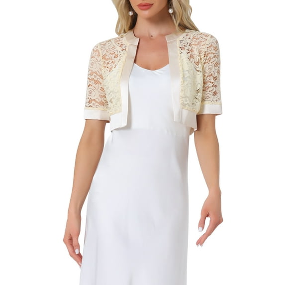 INSPIRE CHIC Women's Bolero Shrug Satin Panel Short Sleeves Lace Open Front Crop Cardigan Beige XS