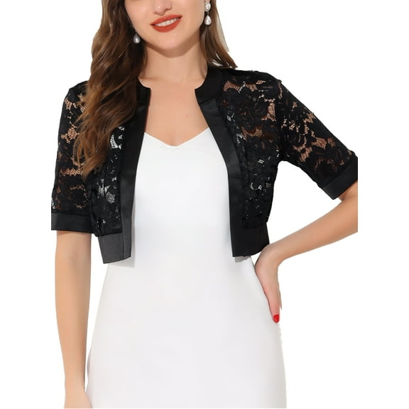 INSPIRE CHIC Women's Bolero Shrug Satin Panel Short Sleeves Lace Open Front Crop Cardigan XL Black