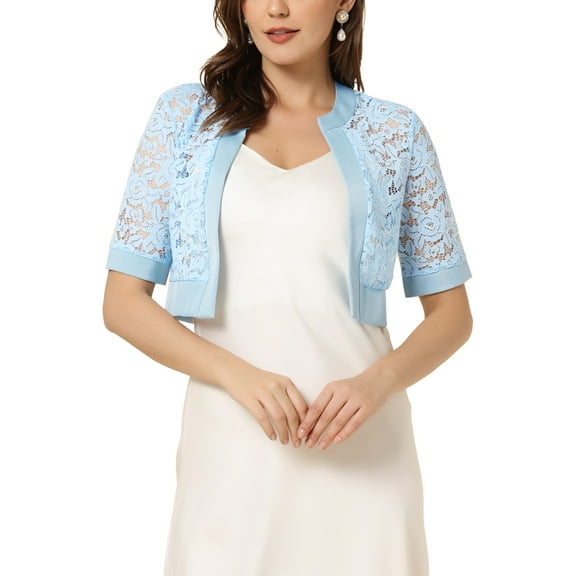 INSPIRE CHIC Women's Bolero Shrug Satin Panel Short Sleeves Lace Open Front Crop Cardigan M Light Blue