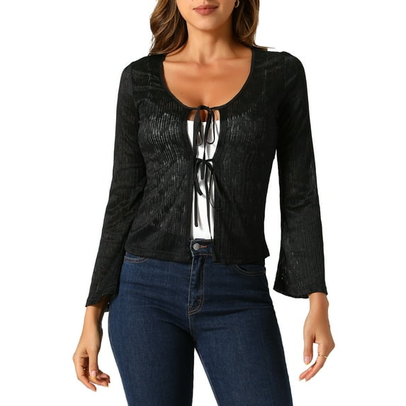 INSPIRE CHIC Lace Shrug Top for Women's Tie Front Bell Long Sleeve Bolero Cardigan XS Black
